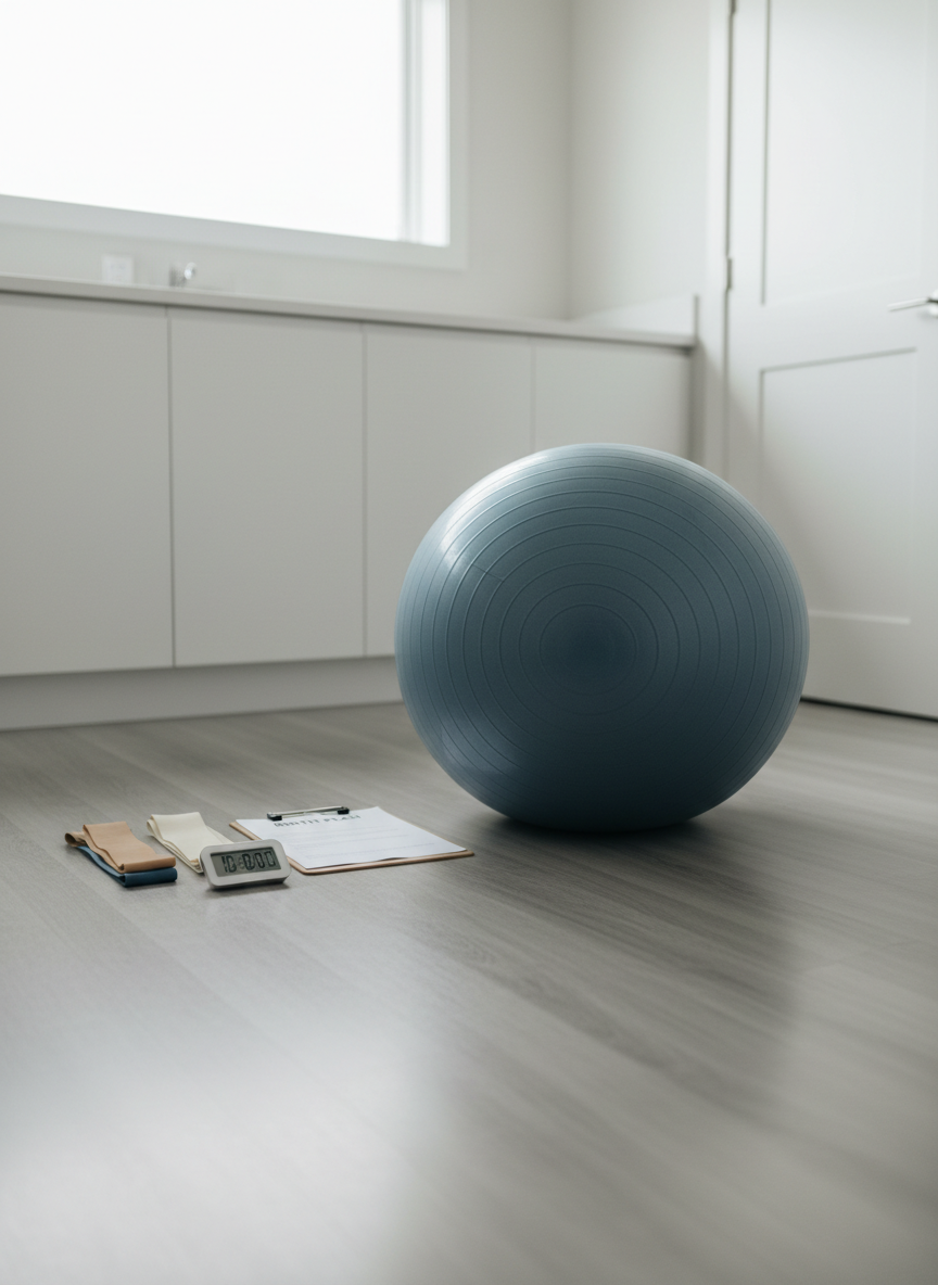 A modern, minimalist birthing ball in muted slate blue placed on a spotless, light gray vinyl floor in a dedicated birth preparation space. Nearby, a neatly folded pair of neutral-toned exercise bands, a digital timer, and a clipboard with a printed birth plan are arranged in precise alignment. In the background, built-in white cabinetry and a closed door maintain a clutter-free, clinical yet welcoming ambiance. Soft, overcast daylight enters through a high window, producing gentle, shadowless illumination. Captured at a slightly low angle with centered composition and moderate depth of field, the scene conveys a sense of readiness, control, and professional guidance, with a photographic, corporate aesthetic suitable for a doula service website.