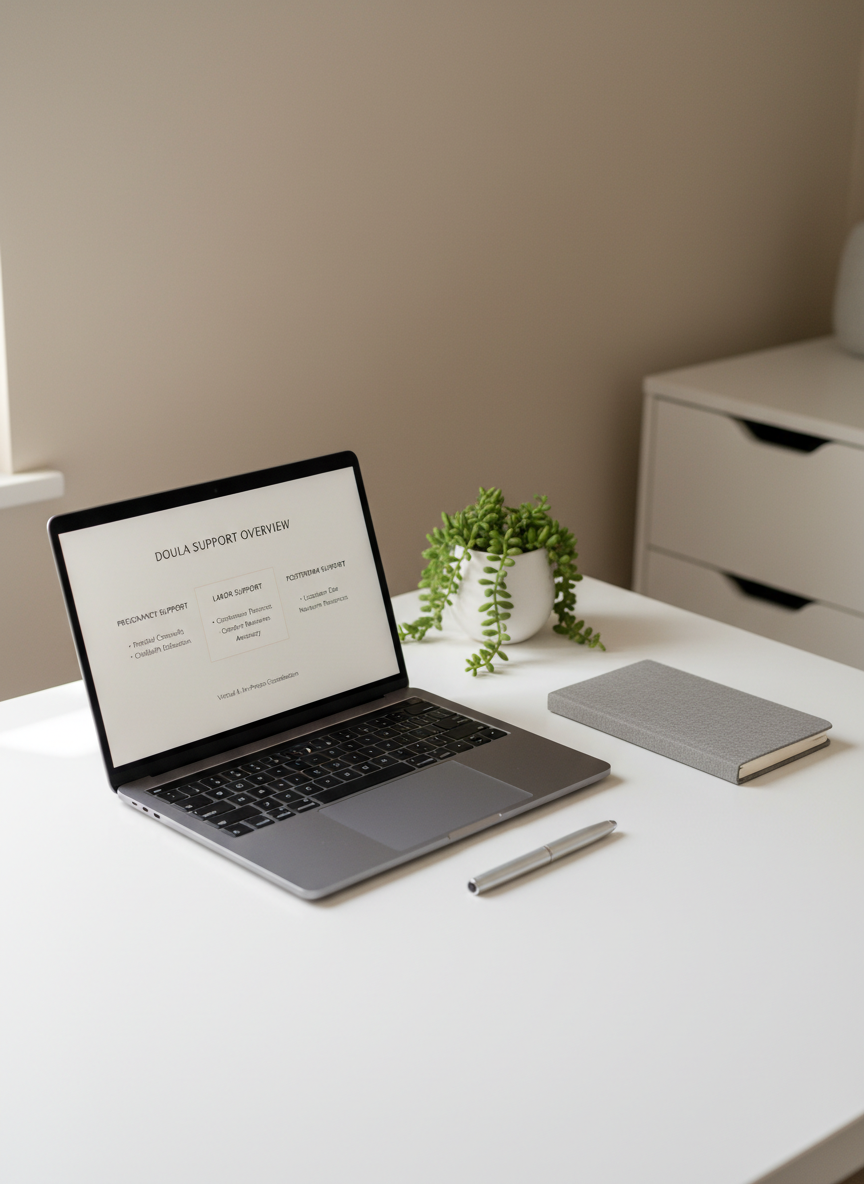 A sleek, open laptop on a clean white desk displaying a structured doula service overview in a minimalist interface, with clear headings for pregnancy, labor, and postpartum support. Beside it, a slim gray notebook, a silver pen aligned parallel to the keyboard, and a small, understated desk plant in a white ceramic pot add texture. The background features a neutral beige wall and the blurred outline of a closed filing cabinet. Soft, indirect daylight from an unseen side window creates subtle reflections on the laptop screen and gentle shadows behind the objects. Photographed from a three-quarter elevated angle with balanced, symmetrical composition, the mood is professional, organized, and trustworthy, emphasizing virtual and in-person support coordination.