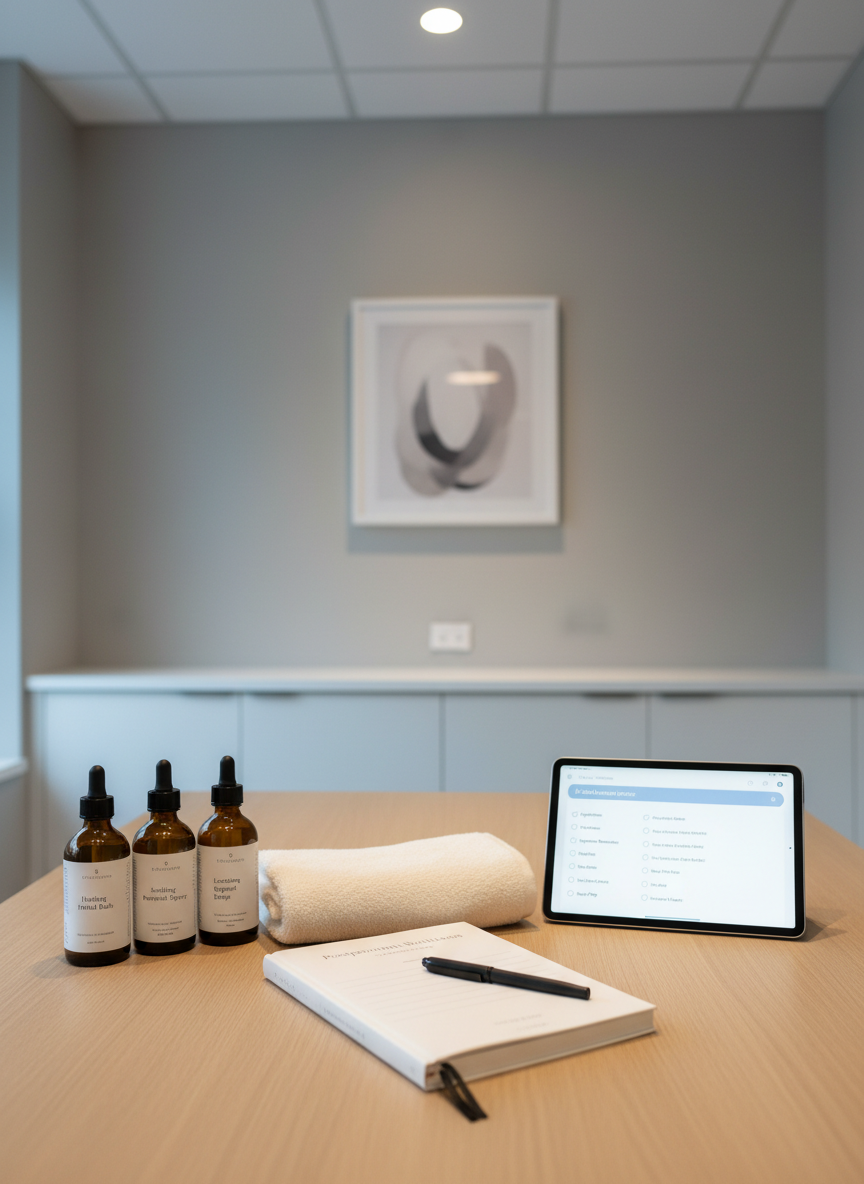 A carefully arranged postpartum care kit displayed on a smooth, light oak table in a consultation room. The kit includes neatly labeled amber glass bottles, a folded ivory towel, a journal with a pen, and a small digital tablet showing a doula service checklist on a minimalist interface. The background reveals a neutral-toned wall with a framed abstract print and a closed cabinet, all in soft grays and whites. Cool, diffused overhead lighting combines with indirect window light, creating an even, professional illumination. Shot from a slightly elevated angle with rule-of-thirds composition and subtle depth of field, the atmosphere is structured, clean, and reassuring, conveying organized, professional postpartum support.
