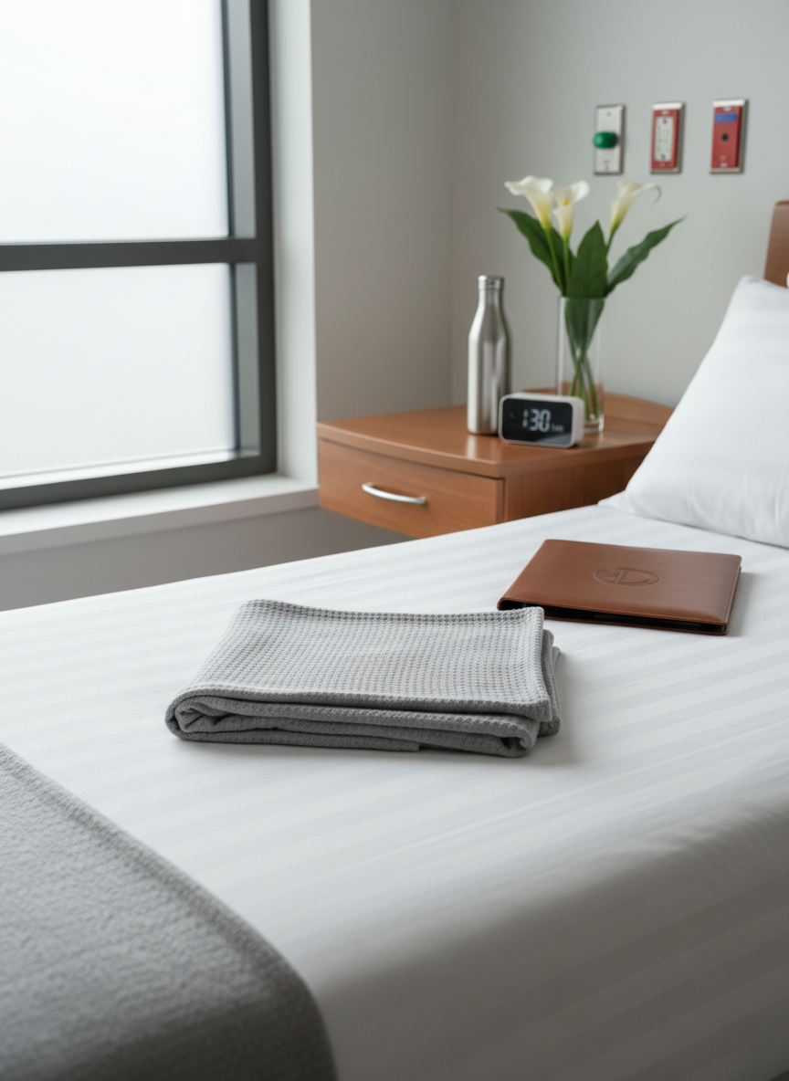 A neatly folded, soft gray cotton baby blanket resting on a padded hospital-style bed with crisp white sheets, symbolizing professional doula support. A closed leather-bound client folder and a stainless steel water bottle sit on the bedside table, alongside a discreet digital clock and a small vase with white flowers. Natural daylight filters through a frosted window, creating gentle, diffused light and subtle, clean shadows. Photographed at eye level with balanced composition and sharp focus throughout, the scene feels calm, organized, and reassuring. The aesthetic is photographic realism with clean lines, neutral tones, and a structured, corporate feel that communicates reliability and professional care throughout pregnancy, labor, and postpartum.