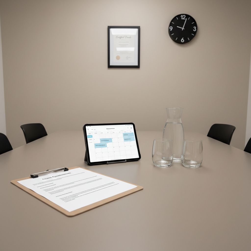 A tidy intake consultation setup on a smooth, taupe conference table in a private office, featuring a printed client questionnaire on a clipboard, a digital tablet showing a calendar with scheduled appointments, and a glass carafe of water with two empty, clear glasses. A neutral-toned wall in the background holds a single, framed certificate and a minimalist clock, both in sharp but unobtrusive focus. Even, cool-white overhead lighting ensures clarity without harsh shadows. Captured at eye level with rule-of-thirds framing and sharp focus across the scene, the image feels structured, calm, and efficient, aligning with a professional doula service conducting thorough, respectful client consultations.